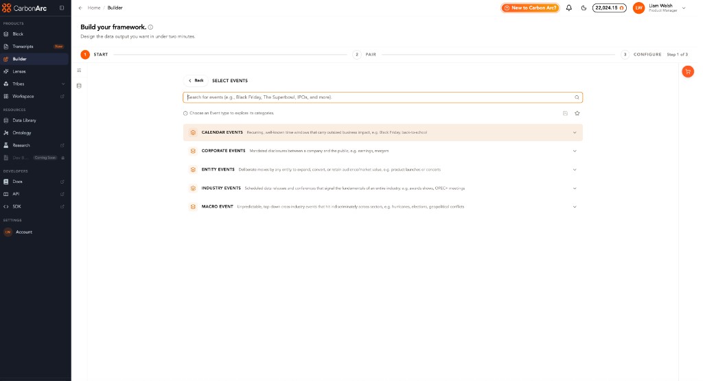 Builder Pair step showing Select Events with event type categories