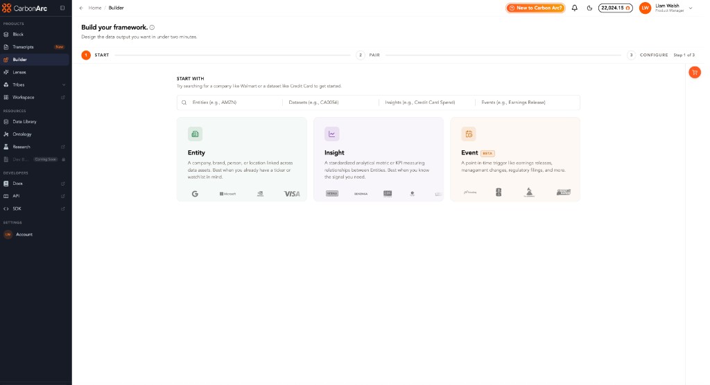 Builder Start step showing Entity, Insight, and Event (Beta) options