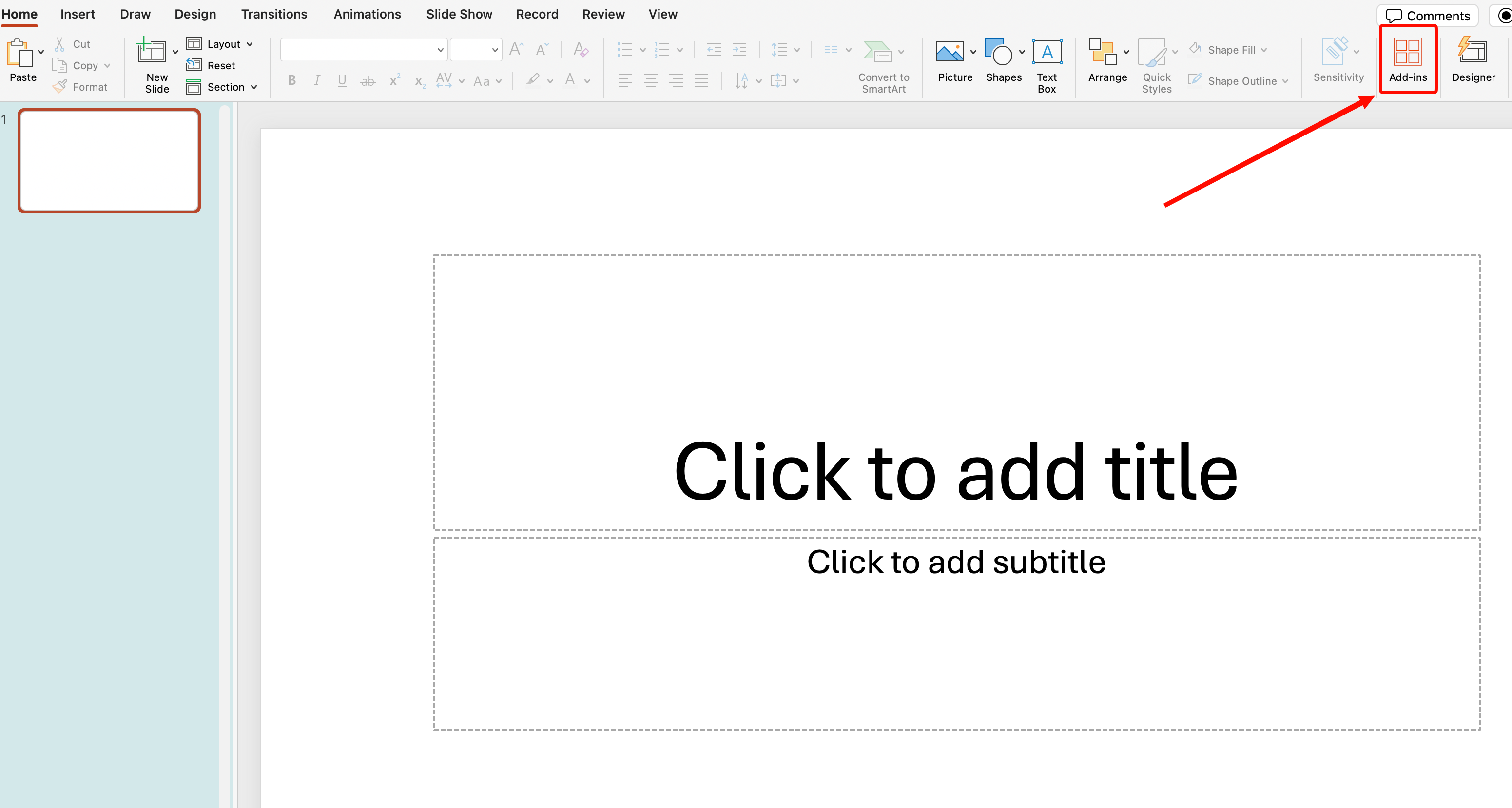 Add-ins button on the Home tab