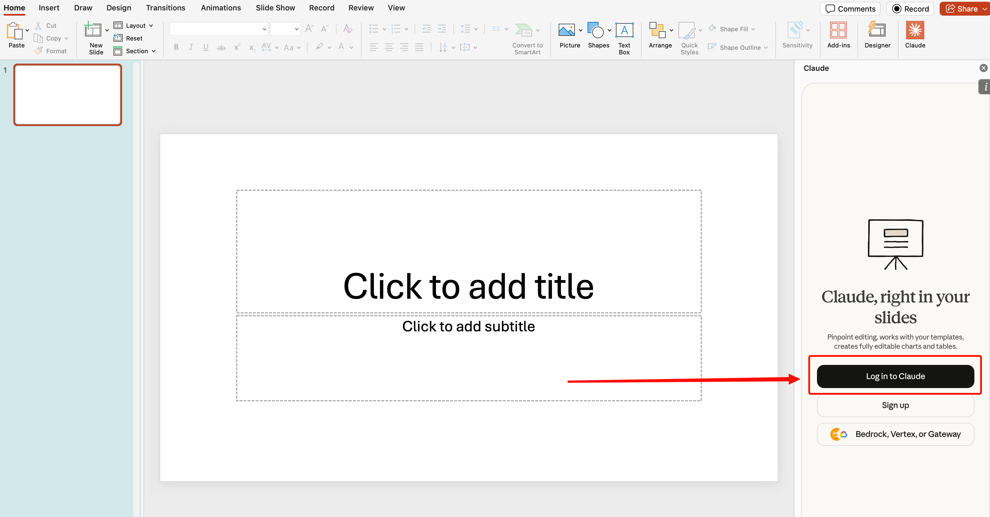 Claude sign-in panel in PowerPoint