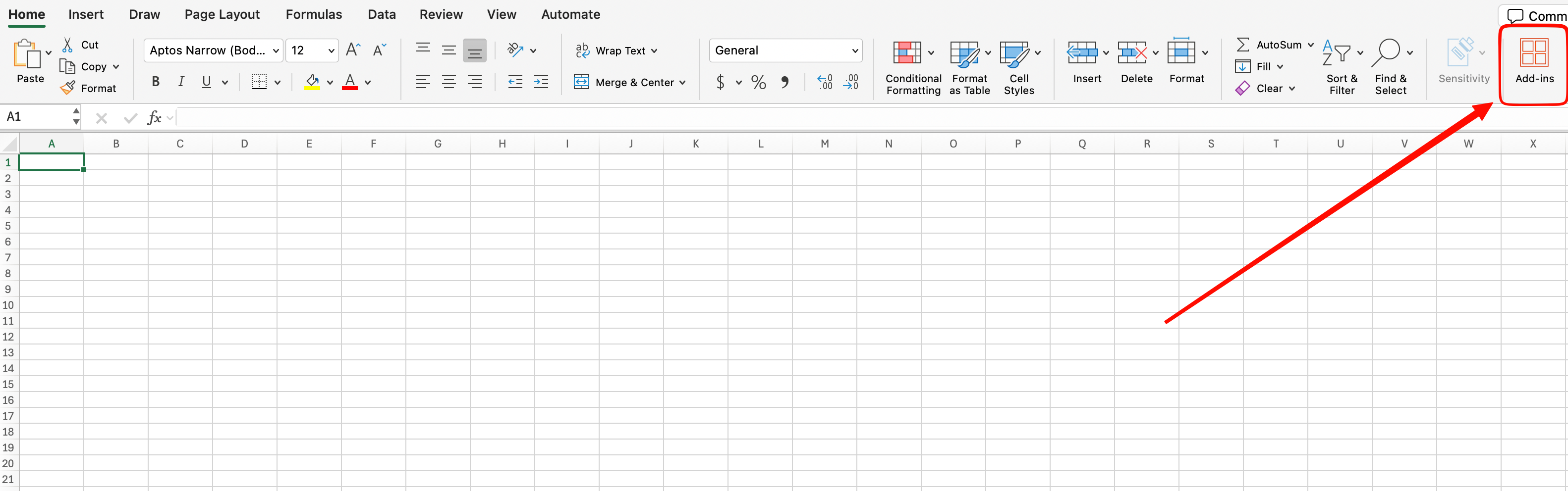 Add-ins button on the Home tab