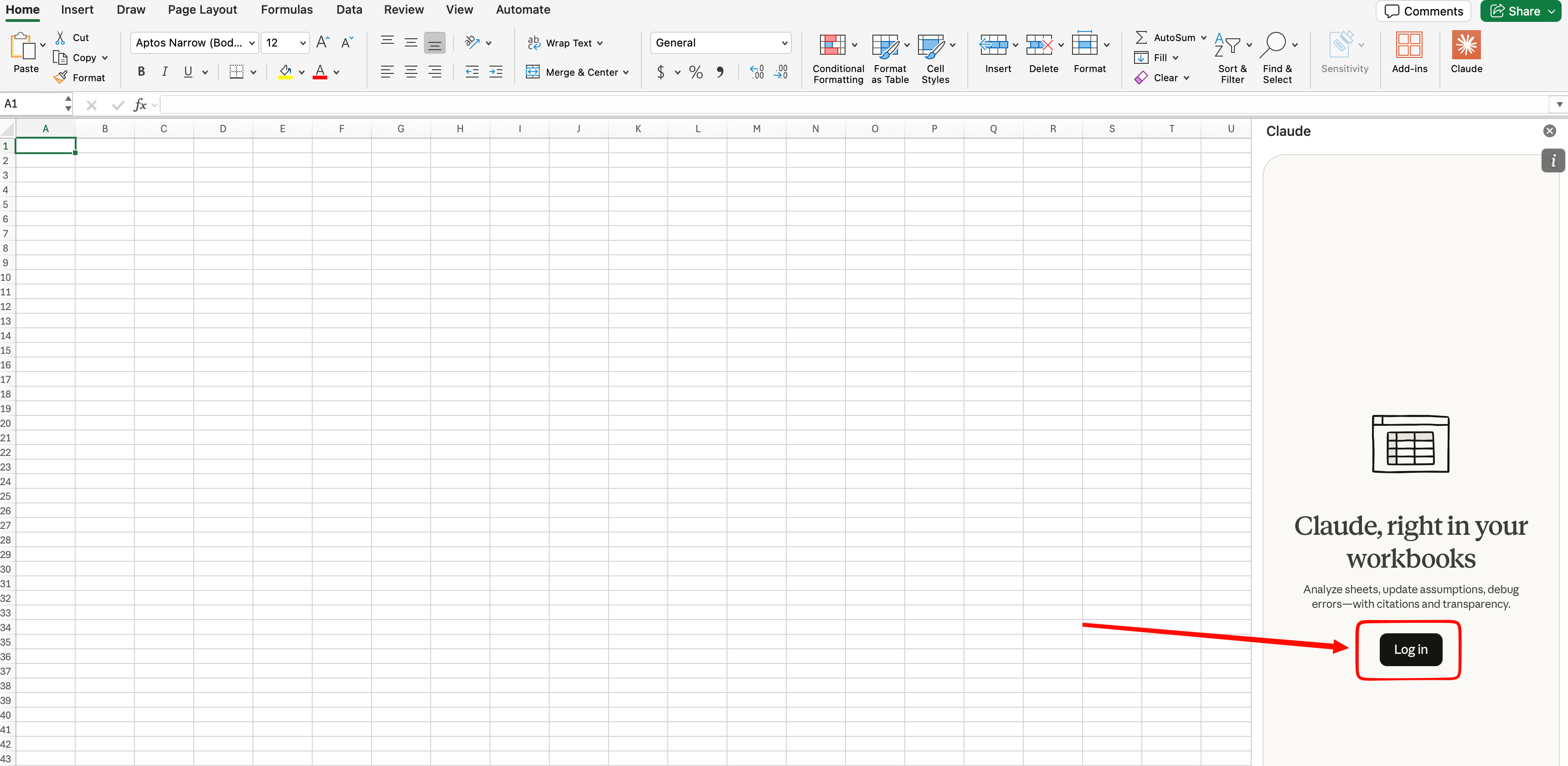 Claude sign-in panel in Excel