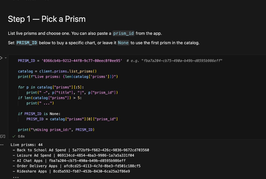 Step 1 example listing live Prisms with list_prisms and selecting Order Delivery Apps by prism_id