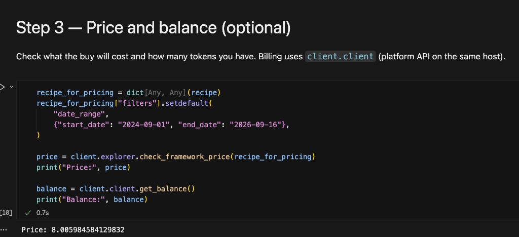 Step 3 example checking framework price and account balance before purchase