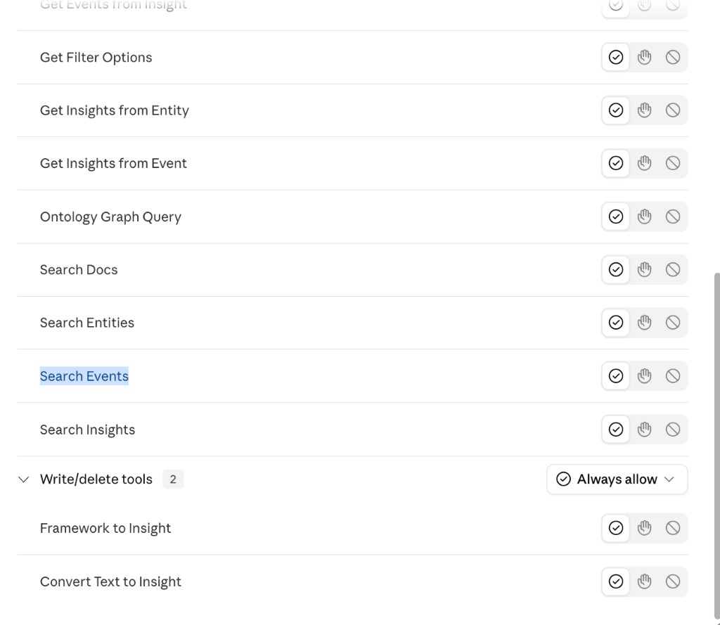 MCP Events tools in the client tool list, including Search Events and Get Insights from Event