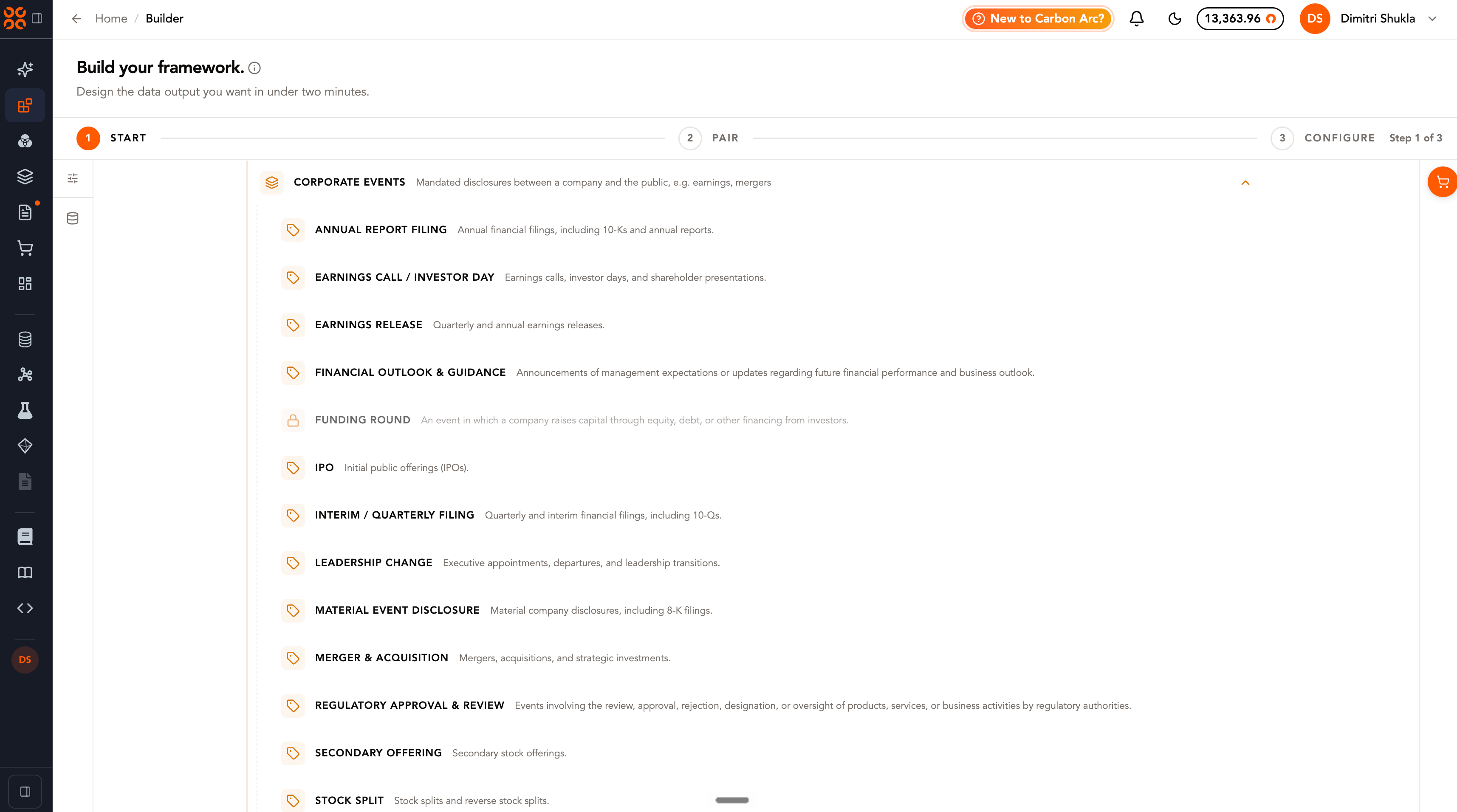 New Corporate and Entity Event categories in the Builder