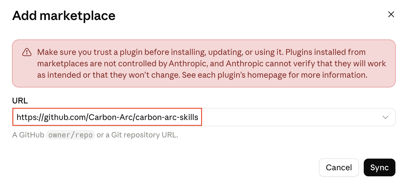The Add marketplace dialog with github.com/Carbon-Arc/carbon-arc-skills entered in the URL field and the Sync button