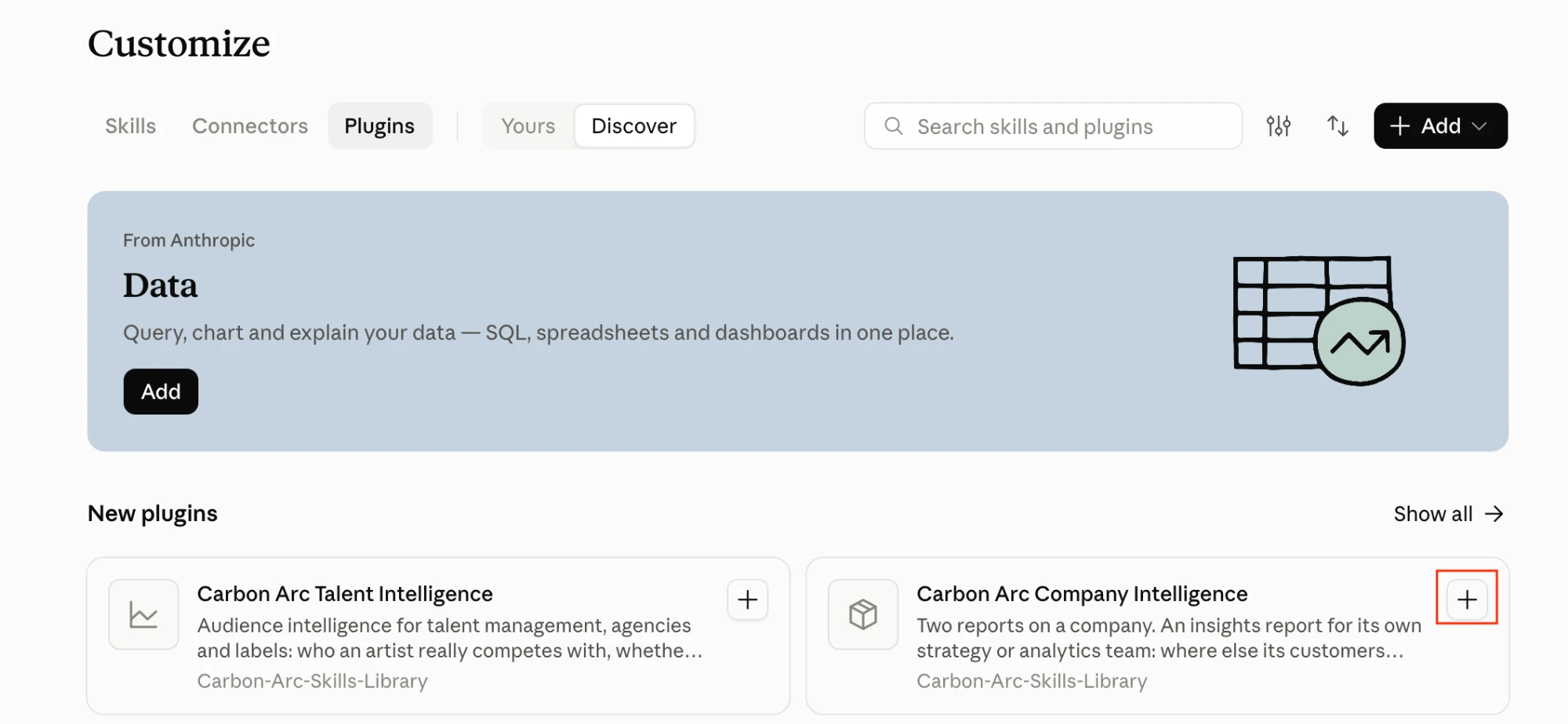 The Discover tab in Customize, with Carbon Arc Talent Intelligence and Carbon Arc Company Intelligence under New plugins, each with an Add button