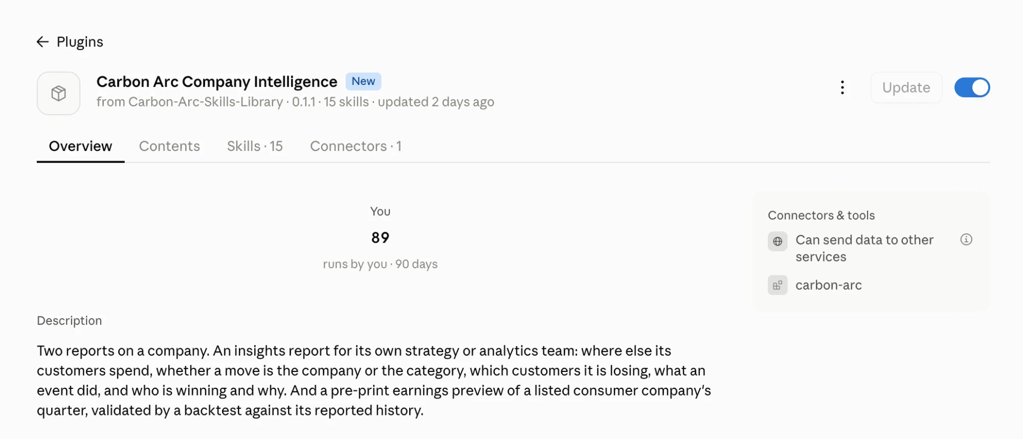The Carbon Arc Company Intelligence plugin overview, with the toggle on, 15 skills, and the carbon-arc connector listed under Connectors & tools