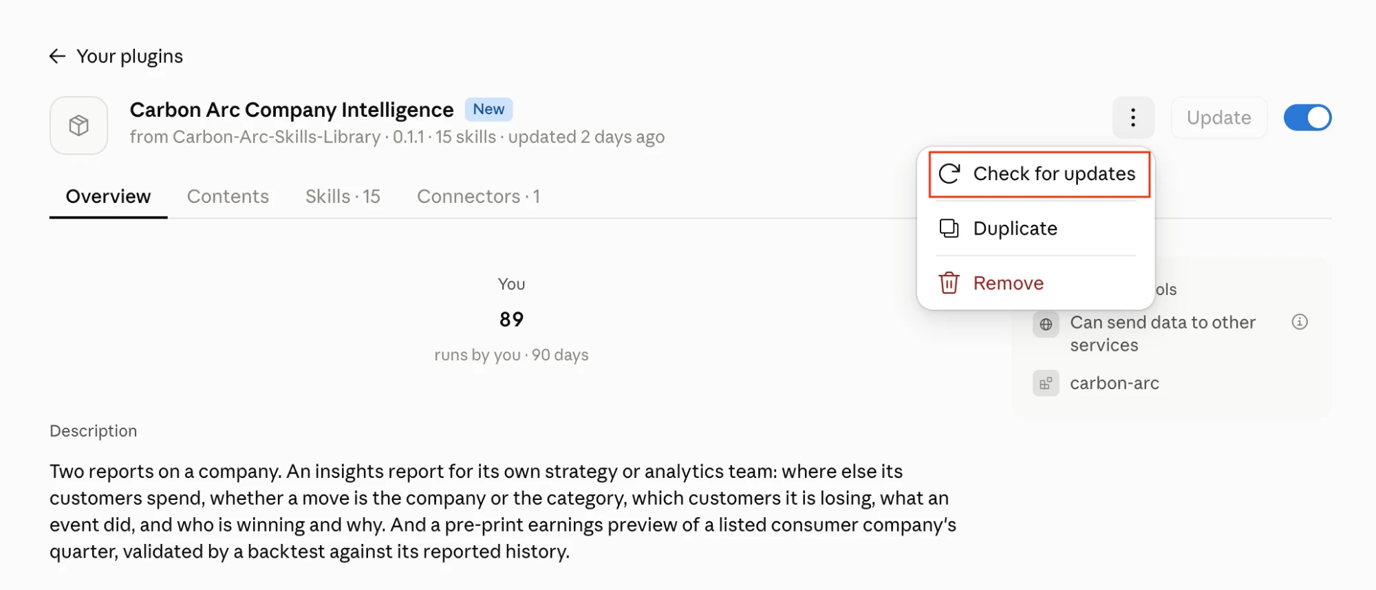 The ⋯ menu on the Carbon Arc Company Intelligence plugin overview, with Check for updates highlighted
